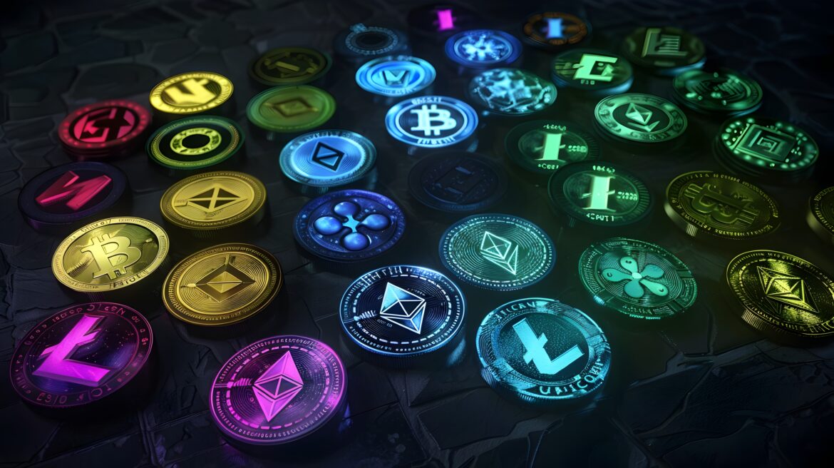 Kolorowe monety z logotypami kryptowalut