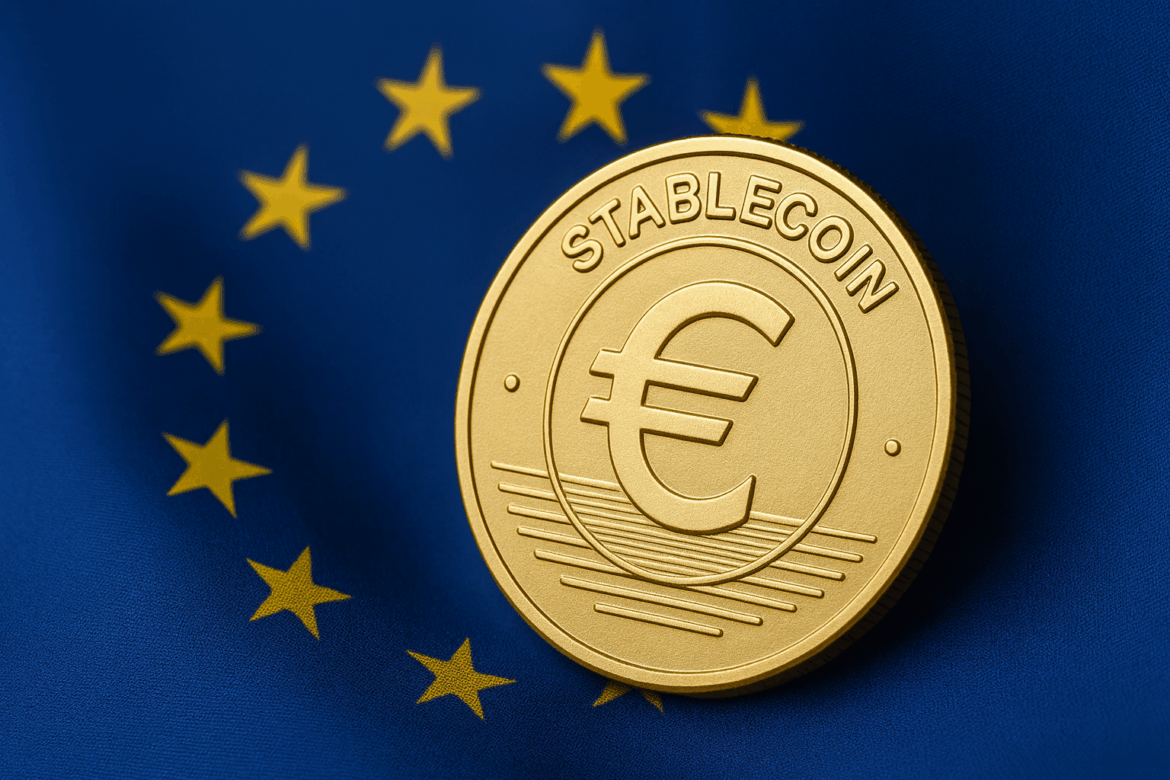 Euro-stablecoin na niebieskim tle z gwiazdkami Unii Europejskiej